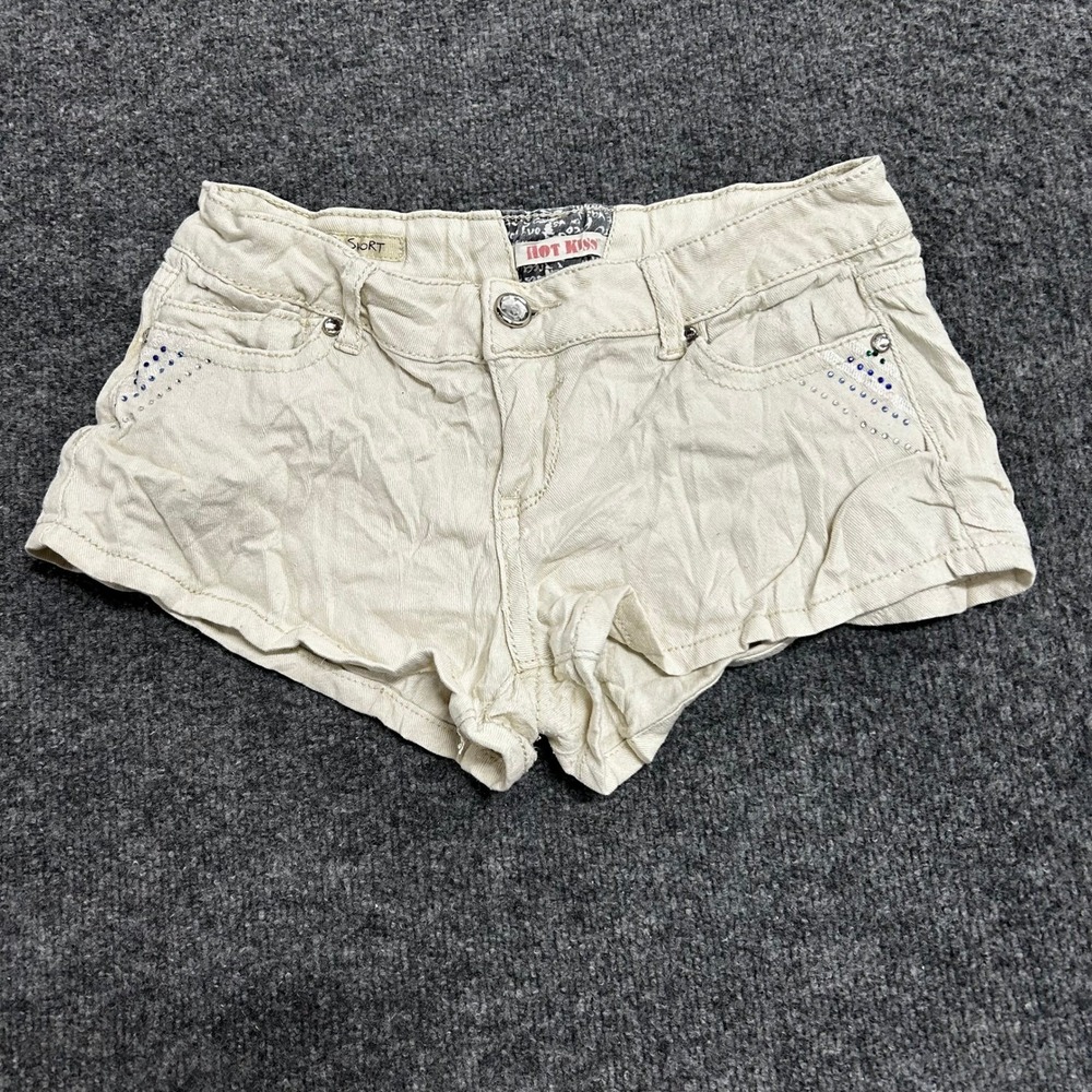 Hot Kiss Shorts Womens Size 9 Beige Denim Rhinestone Low Rise Casual Summer
